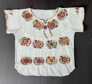 Vintage Handmade Mexican Embroidered Peasant Blouse Cottagecore boho Huipil L XL thumbnail 1
