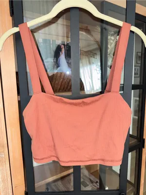 Aerie real me sports bra long line top crop workout ribbed rust twilight square thumbnail 6