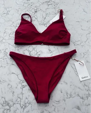 NWT Quince Cherry Red Italian V Neck Bikini Top & Low Rise Bottom Set Size XS thumbnail 1