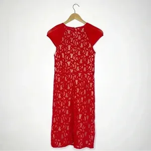Adrianna Papell Dress Women's Cap Sleeve Red Tonal Piped Lace Knee Length Size 8 thumbnail 7