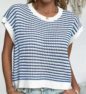 SheIn Knit Mix Striped Round Neck Loose Knit Top thumbnail 2
