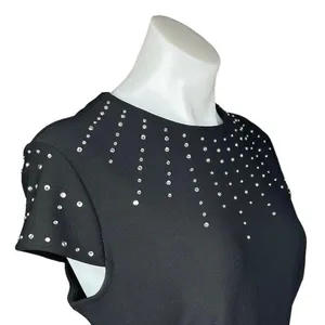 H&M Black Cap Sleeve Crew Studded Rhinestone A Line Fit & Flare Mini Dress Sz M thumbnail 5