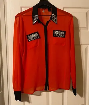 BKE Boutique sheer jeweled button down blouse thumbnail 1