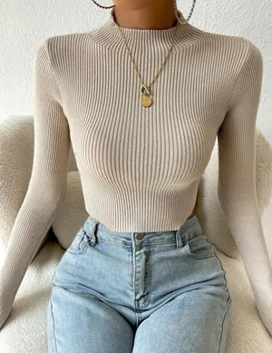 SheIn Mock Neck Rib-knit Crop Sweater thumbnail 2