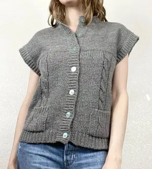 Vintage Blue Grey Knit Short Sleeve Button Up Sweater thumbnail 1