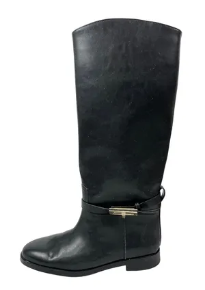 H&M Women's Black Strap Round Toe Low Block Heels Knee High Riding Boots 38 US 7 thumbnail 1