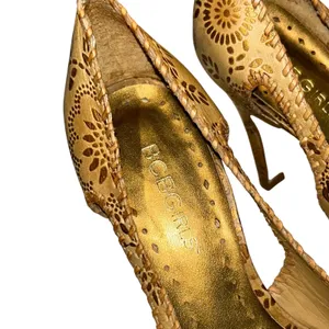 BCBGIRLS Tan Leather Pumps Glam Laser Cut Floral Peep Toe 6 thumbnail 10