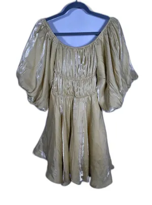 Molly Green Womens Yellow Shiny Puff Sleeve Mini Dress Small thumbnail 1