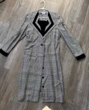 VTG Patty O’Neil Plaid Houndstooth Longline Coat Black White Pattern Size M 6 thumbnail 1