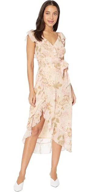 show me your mumu granada ruffle hydrangea blooms floral print midi dress thumbnail 1