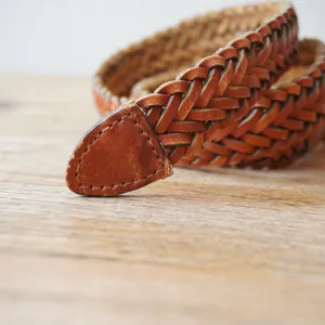 Vintage Tan Brown Braided Woven Genuine Leather Belt Round Buckle Size 30 thumbnail 3