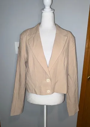 Easel‎ Los Angeles Tan Pinstripe Cropped Blazer Cotton Linen Blend Size L NWT thumbnail 1