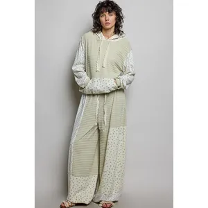 POL Mixed Knit Contrast Print Sleeve Hoodie with Kangaroo Pocket - Sage - Medium thumbnail 5