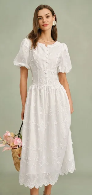 Rihoas White Round Neck Floral Midi Dress thumbnail 1