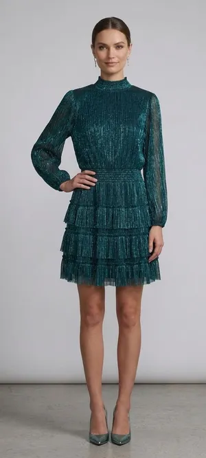 MSK Teal Metallic Tiered Long-Sleeve Mini Dress thumbnail 1