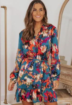 NEW Deep Turquoise Abstract Multicolor Print Belted Ruffle Satin Mini Dress thumbnail 2