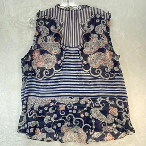 Cabi Paisley Blouse Sleeveless Ruffle Trim Sheer Top Blue Orange Size‎ M thumbnail 9