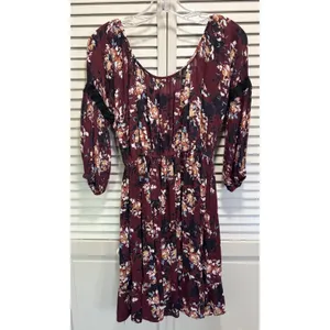Nostalgia Floral Midi Dress‎ Size M 3/4 Crochet Sleeve Scoop Burgundy/Cream Boho thumbnail 5