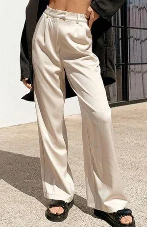 Princess Polly Amalia Pants Trousers Size 6 Tan Khaki Champagne Satin Wide Leg thumbnail 1