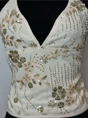 Y2k Sequin Beaded Halter Top Ivory Fairycore Coquette Party Going Out Corset thumbnail 3