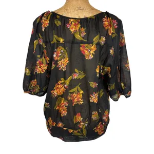 Edme & Esyllte Anthropologie Black‎ Floral Peasant Blouse Puff Sleeve Size 10 thumbnail 3