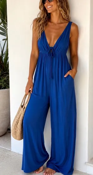 NEW Free people beach Sleeveless Deep V Wide-Leg Jumpsuit in Royal Blue $120 thumbnail 1