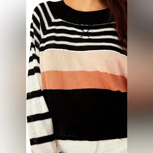 Free People Block Party Linen Cotton Stripped‎ Boxy Knit Exposed Hem Sweater thumbnail 4