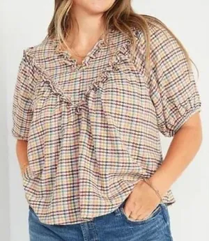 Old Navy‎ Ruffle Dobby Gingham Top Women Medium White Cotton Puff Sleeve Cotton thumbnail 1