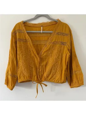 Free People Follow Your Heart Golden yellow Embroidered Lace Blouse size medium thumbnail 10