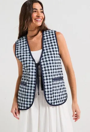 FREE PEOPLE Claudine Quilted Vest in Gingham Blue Size X-Small thumbnail 1