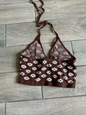 Cotton Candy Brown Halter Floral Knit Crop Top with White Flowers thumbnail 4