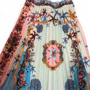 Womens Printed Pleated two piece ocean themed outfit- Blue & Pink thumbnail 4