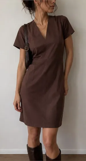 Universal Standard Moriah Brown V-Neck‎ Twill Dress Size 2XS (6-8) Minimalist thumbnail 1