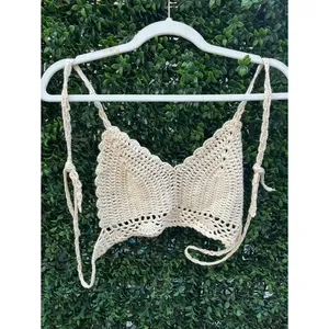 Handmade Crochet Bralette Top Cream Boho Festival One Size XS S Ivory Tie Back‎ thumbnail 4