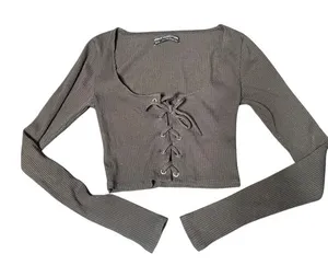 Urban Outfitters Black Ribbed Lace Up Long Sleeve Crop Top XS Square Neck Edgy thumbnail 1
