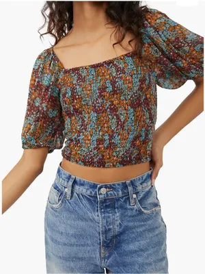 Free People Multi Color Smocked Puff Sleeve Crop Top Tie Back Arms Size Large thumbnail 1