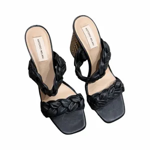 ANTONIO MELANI Mule Leather Woven Heels Black Sandals Sz Sz 11 thumbnail 3