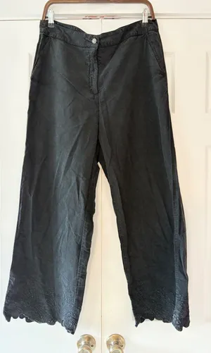 Disturbia Ceres Cotton Moth Broderie Hem Trousers Washed Black Wide Leg US 12 thumbnail 1