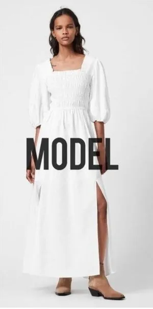 NWT All Saints Livi Tex Maxi Dress 6 Off White Ruched Puff Sleeve Smocked Slit thumbnail 1