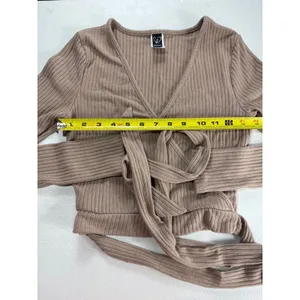 Windsor Wrap Top Ribbed Long Sleeve Tie Front Crop Top Beige Size M thumbnail 8