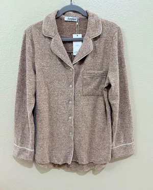 NWT Aamikast Pajama Top Only Womens Size S Brown Heathered Long Sleeve Button Up thumbnail 1