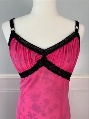 Urban Outfitters Hot Pink Slip Dress with Black Lace Trim Sz Large 90s Y2K Mesh thumbnail 3