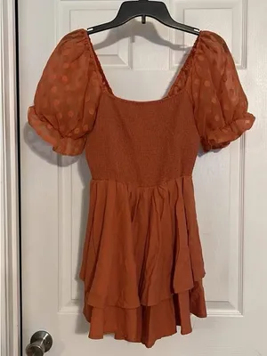 entro Rust Orange Smocked Puff-Sleeve Mini Romper thumbnail 2