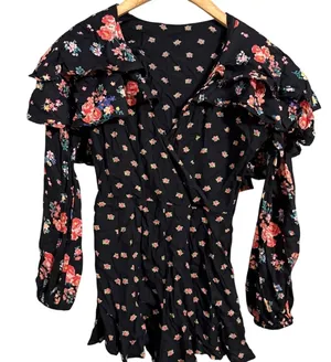 ASOS Floral Print Ruffle V Neck‎ Long Sleeve Black Mini Dress Women US 4 thumbnail 1