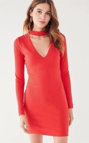 Urban Outfitters choker deep v-neck long sleeve fitted dress size medium thumbnail 1