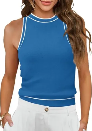 Sleeveless Ribbed Tank Top in Bright Blue with White Trim thumbnail 1