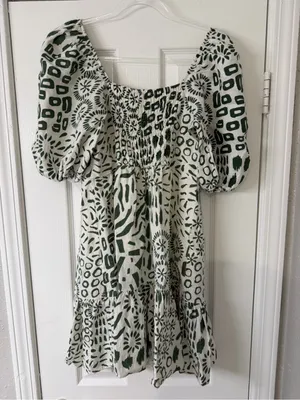 ADL‎ 100% Linen Mini Dress Geometric Pattern Green and Off White Size Medium thumbnail 6