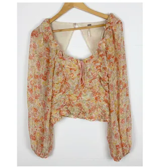 Free People Mabel Floral Printed Balloon Sleeve Peasant Top in Spring Combo M thumbnail 2