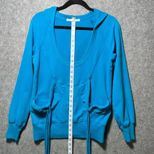 Vintage Y2K Karen Kane Turquoise Blue‎ Scoop Neck Drawstring Hoodie Sweatshirt M thumbnail 4