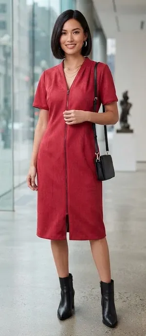 Tahari Madeline Dress Red Solid Sheath V-Neck Short Sleeve Zip Front Knee Length thumbnail 1